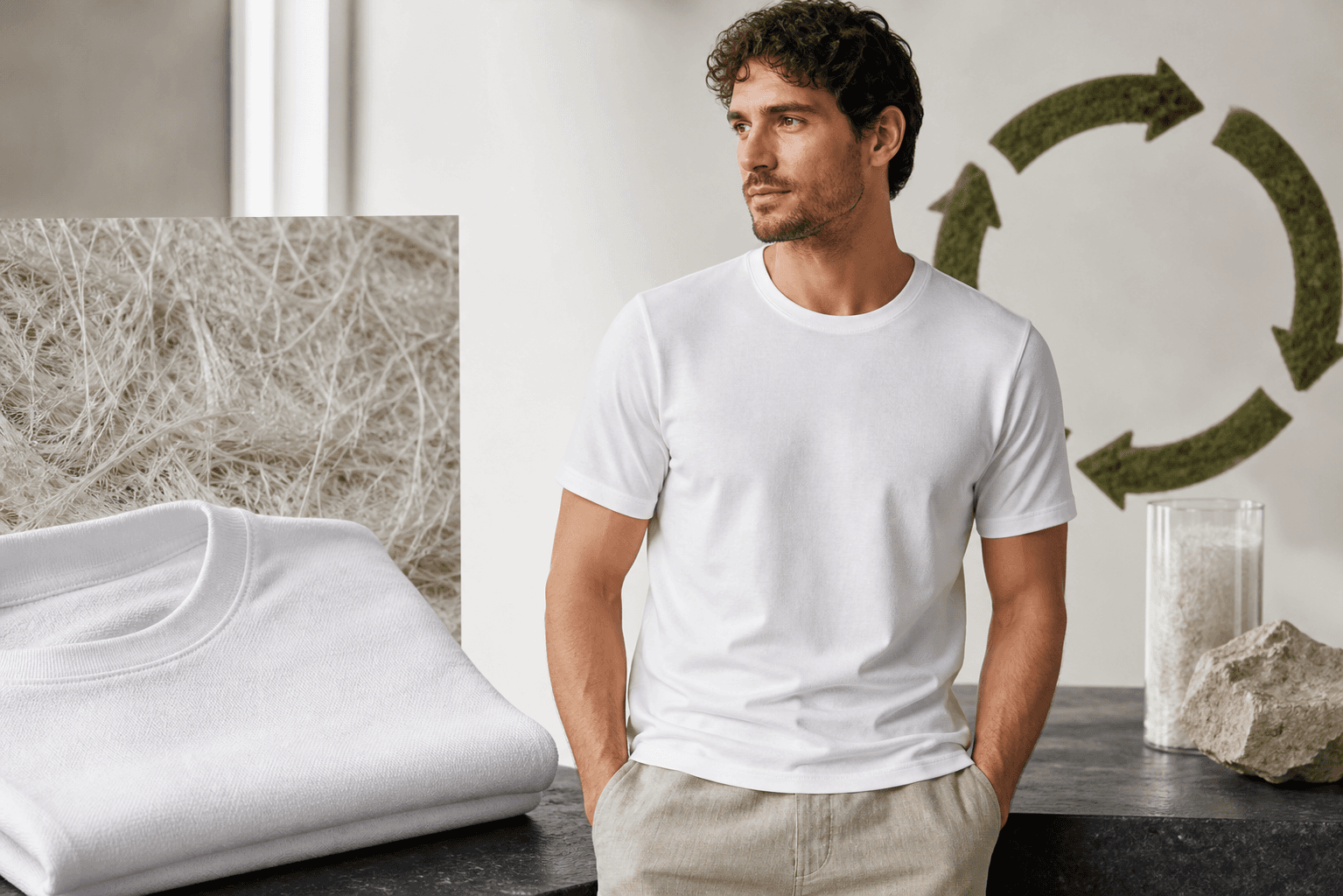 The First Tee shown with model, folded tee, and hemp material detail
