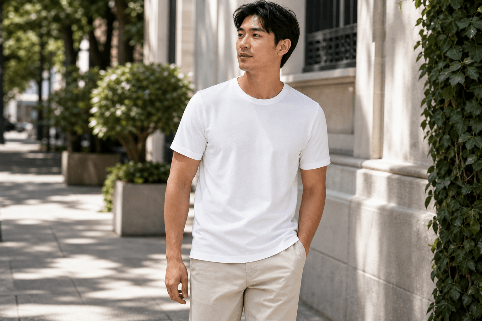Male model wearing The First Tee white crewneck T-shirt on a sunny city sidewalk