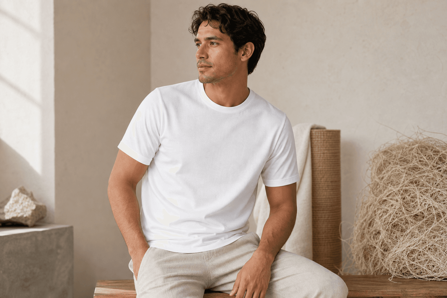 Male model wearing The First Tee white crewneck T-shirt in a warm neutral studio