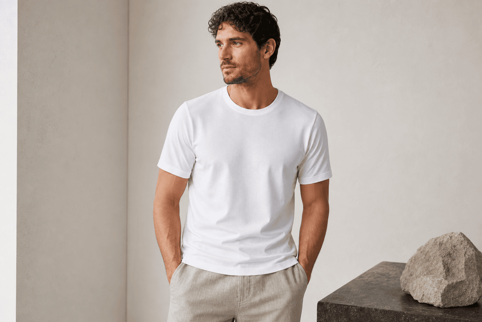 Male model wearing The First Tee white crewneck T-shirt in a studio